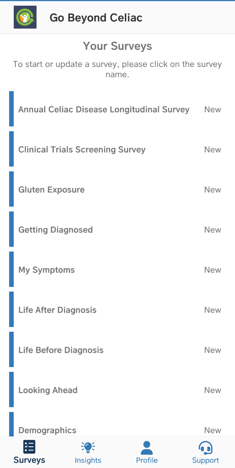 A list of surveys a user can take, such as "life after diagnosis," "demographics," and "clinical trials screening."